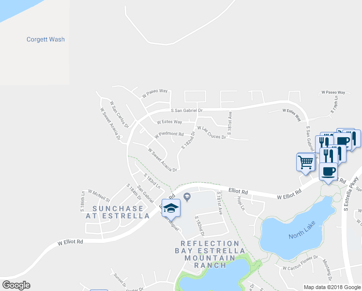 map of restaurants, bars, coffee shops, grocery stores, and more near 9712 South 182nd Drive in Goodyear