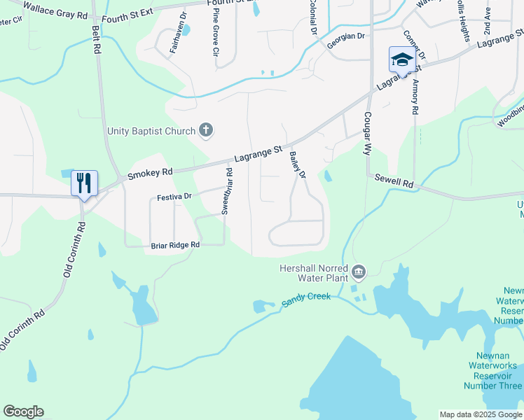 map of restaurants, bars, coffee shops, grocery stores, and more near 65 Autumn Lane in Newnan