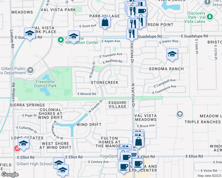 map of restaurants, bars, coffee shops, grocery stores, and more near 1421 East Commerce Avenue in Gilbert