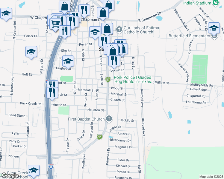 map of restaurants, bars, coffee shops, grocery stores, and more near 404 Wood Street in Sanger
