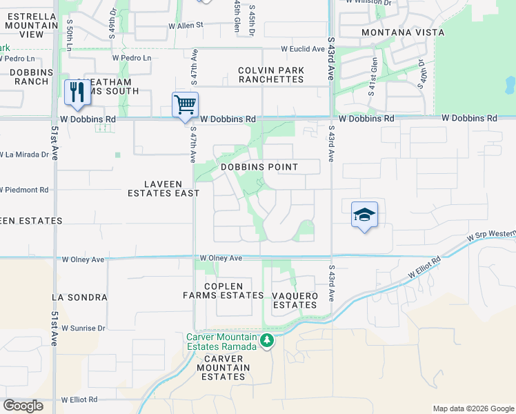 map of restaurants, bars, coffee shops, grocery stores, and more near 9718 South 45th Avenue in Phoenix
