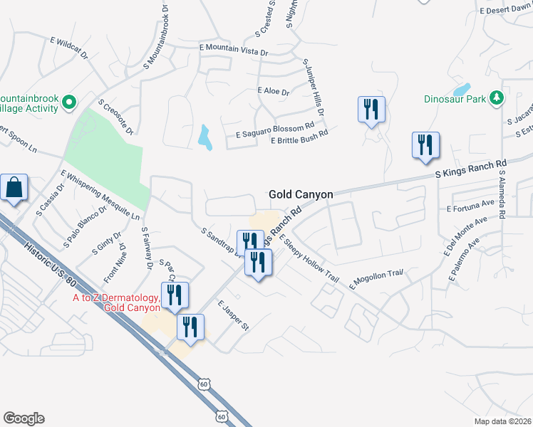 map of restaurants, bars, coffee shops, grocery stores, and more near 8713 East Sandtrap Court in Gold Canyon