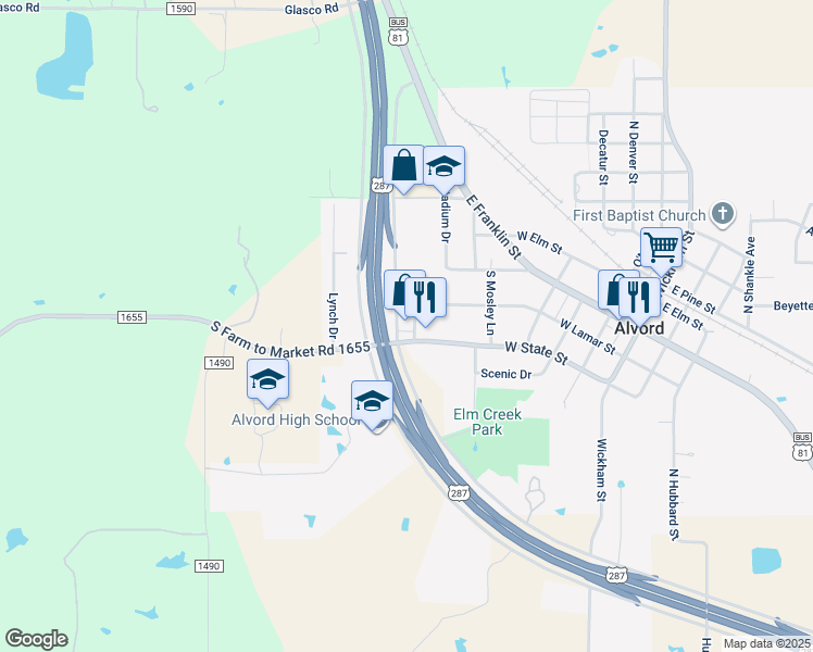 map of restaurants, bars, coffee shops, grocery stores, and more near 812 West State Street in Alvord