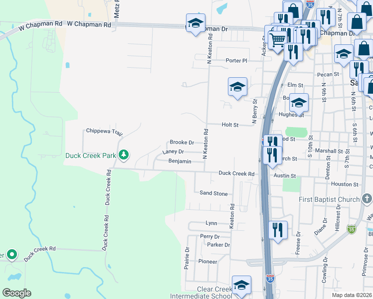 map of restaurants, bars, coffee shops, grocery stores, and more near 2015 Laney Drive in Sanger