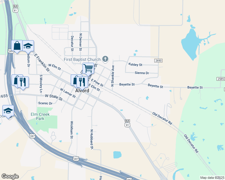 map of restaurants, bars, coffee shops, grocery stores, and more near 210 North Shankle Avenue in Alvord
