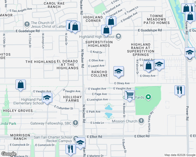 map of restaurants, bars, coffee shops, grocery stores, and more near 4115 Campbell Avenue in Gilbert