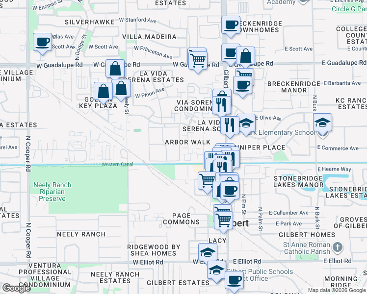 map of restaurants, bars, coffee shops, grocery stores, and more near 160 West Commerce Court in Gilbert