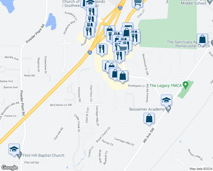 map of restaurants, bars, coffee shops, grocery stores, and more near 541 Westchester Drive in Bessemer