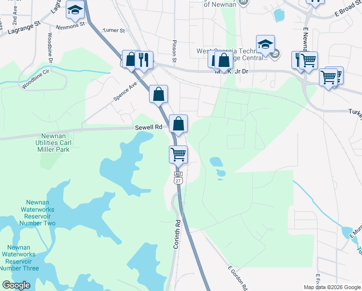 map of restaurants, bars, coffee shops, grocery stores, and more near 250 Greenville Street South in Newnan
