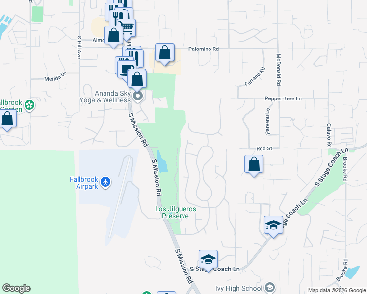 map of restaurants, bars, coffee shops, grocery stores, and more near 553 Inverlochy Drive in Fallbrook