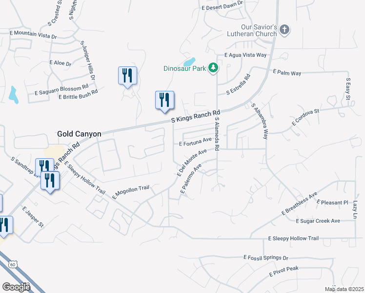 map of restaurants, bars, coffee shops, grocery stores, and more near 9745 East Fortuna Avenue in Gold Canyon