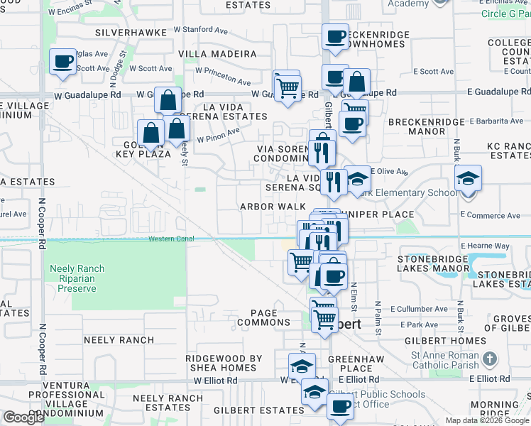 map of restaurants, bars, coffee shops, grocery stores, and more near 160 West Commerce Court in Gilbert