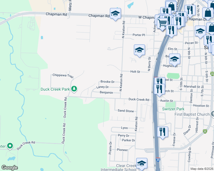 map of restaurants, bars, coffee shops, grocery stores, and more near 2019 Laney Dr in Sanger