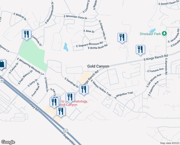 map of restaurants, bars, coffee shops, grocery stores, and more near 8763 East Sandtrap Court in Gold Canyon