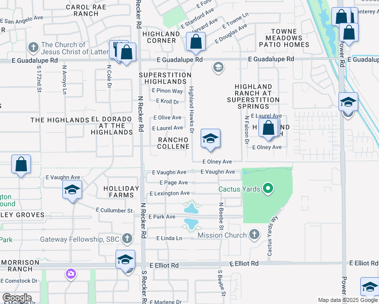 map of restaurants, bars, coffee shops, grocery stores, and more near 439 N Pheasant Ct in Gilbert