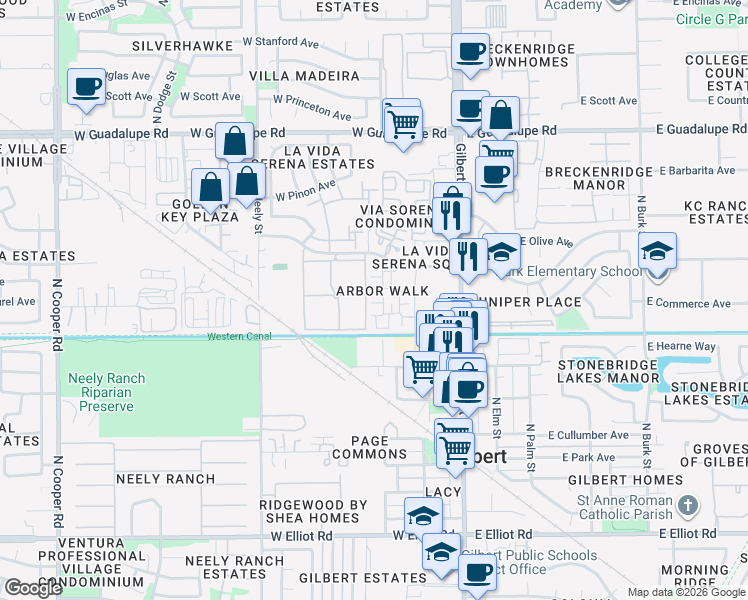 map of restaurants, bars, coffee shops, grocery stores, and more near 160 West Commerce Court in Gilbert