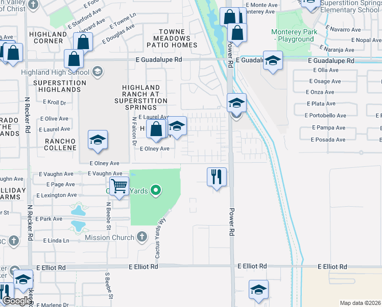 map of restaurants, bars, coffee shops, grocery stores, and more near 429 North Citrus Lane in Gilbert