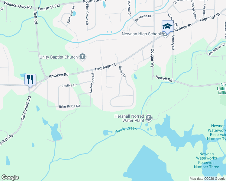 map of restaurants, bars, coffee shops, grocery stores, and more near 85 Autumn Lane in Newnan