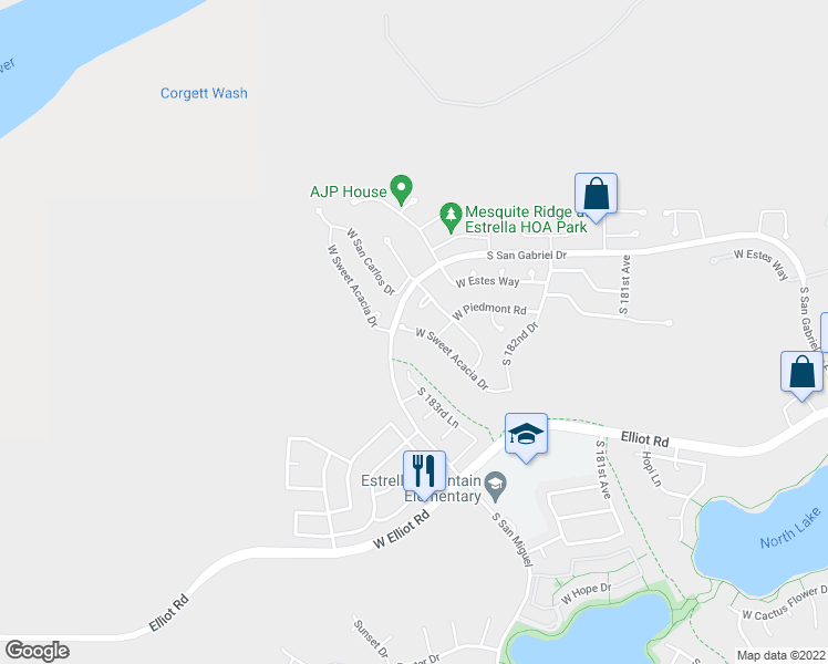 map of restaurants, bars, coffee shops, grocery stores, and more near 9599 South San Gabriel Drive in Goodyear