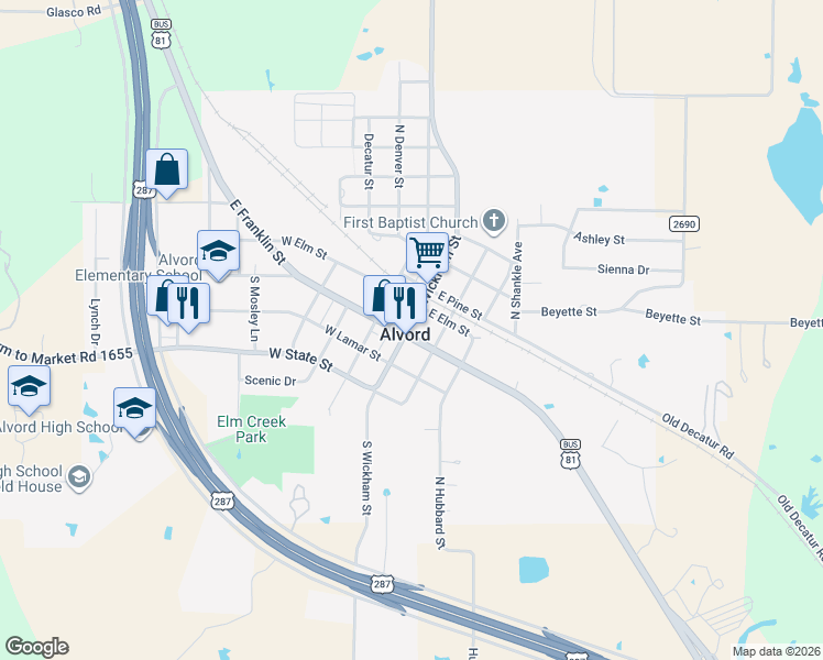 map of restaurants, bars, coffee shops, grocery stores, and more near in Alvord