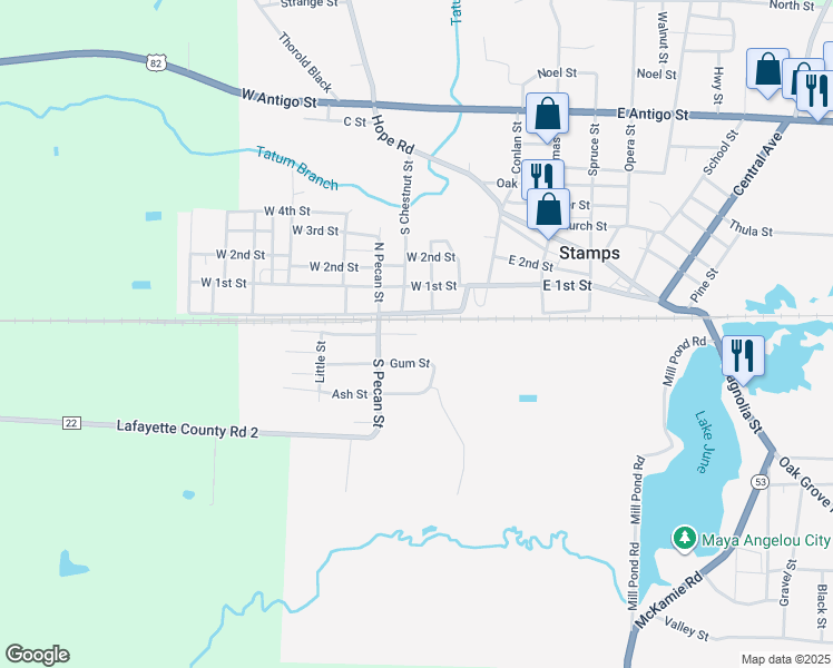 map of restaurants, bars, coffee shops, grocery stores, and more near 101 Persimmon Street in Stamps