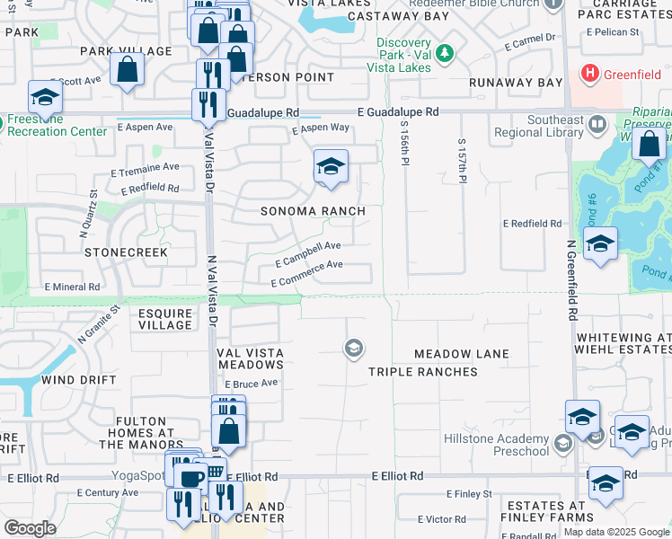 map of restaurants, bars, coffee shops, grocery stores, and more near 1841 East Commerce Avenue in Gilbert