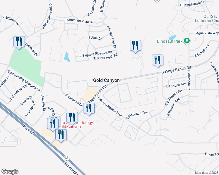 map of restaurants, bars, coffee shops, grocery stores, and more near 8908 East Avenida Las Noches in Gold Canyon