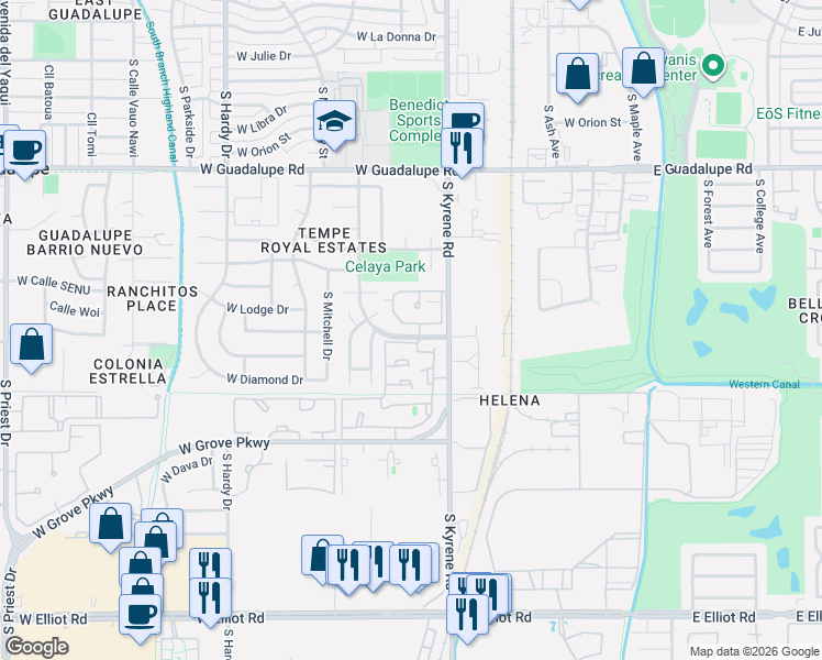 map of restaurants, bars, coffee shops, grocery stores, and more near 6784 South Wilson Street in Tempe