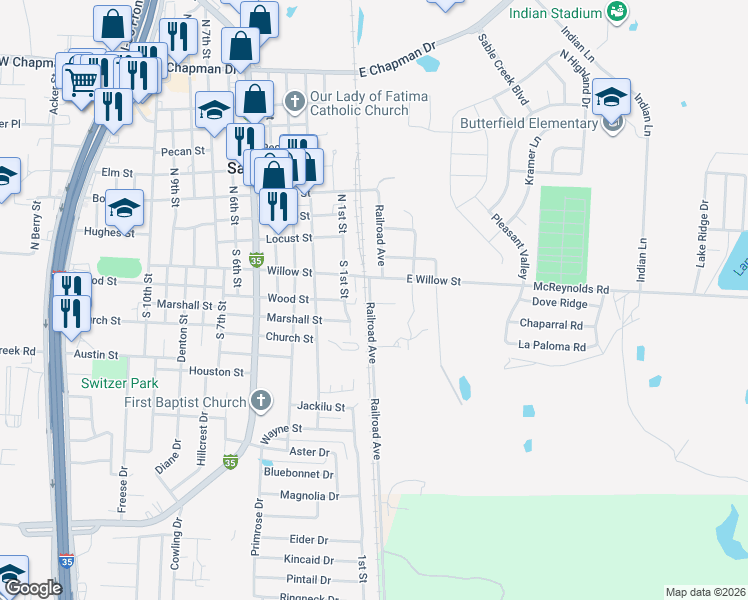 map of restaurants, bars, coffee shops, grocery stores, and more near 101 Arrowhead Drive in Sanger