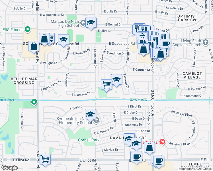 map of restaurants, bars, coffee shops, grocery stores, and more near 1320 East Redfield Road in Tempe