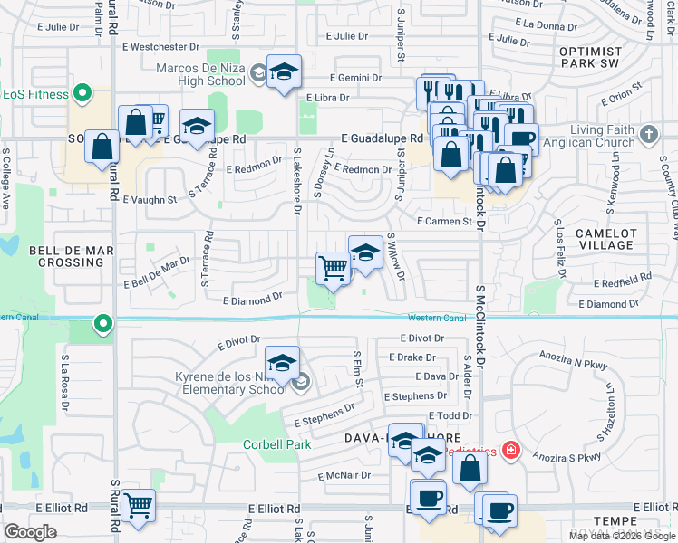 map of restaurants, bars, coffee shops, grocery stores, and more near 1320 East Redfield Road in Tempe