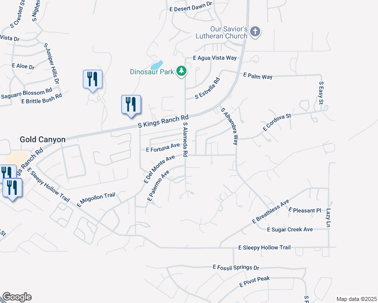 map of restaurants, bars, coffee shops, grocery stores, and more near 10018 East Del Monte Avenue in Gold Canyon