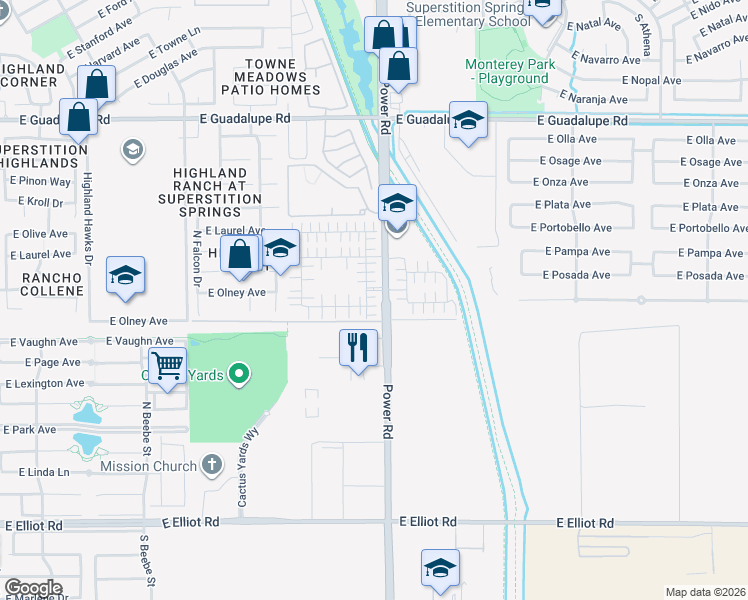 map of restaurants, bars, coffee shops, grocery stores, and more near 4750 East Olney Avenue in Gilbert