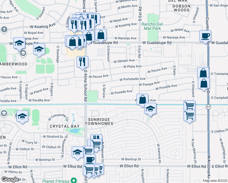 map of restaurants, bars, coffee shops, grocery stores, and more near 1002 West Posada Avenue in Mesa