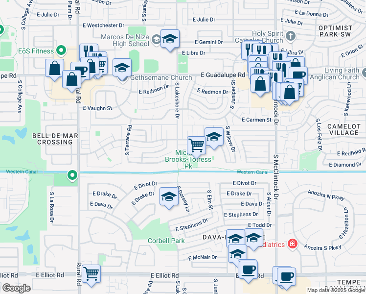 map of restaurants, bars, coffee shops, grocery stores, and more near 1206 East Redfield Road in Tempe