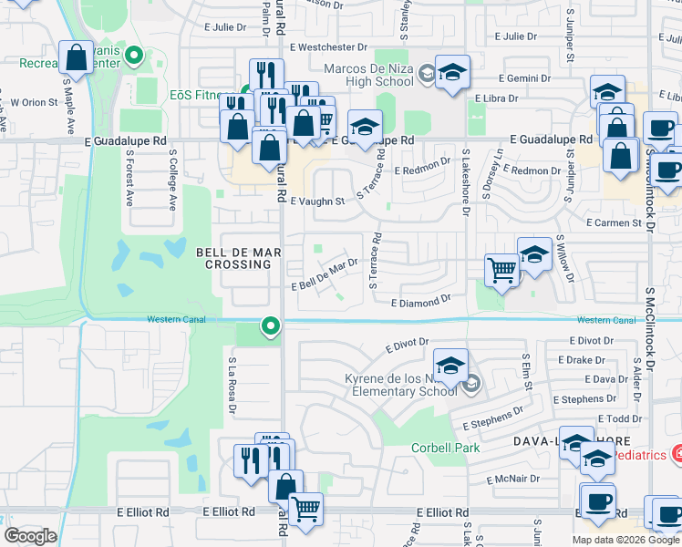 map of restaurants, bars, coffee shops, grocery stores, and more near 1014 East Redfield Road in Tempe