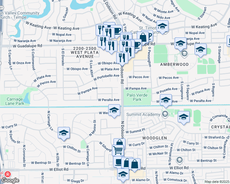 map of restaurants, bars, coffee shops, grocery stores, and more near 2032 West Posada Circle in Mesa