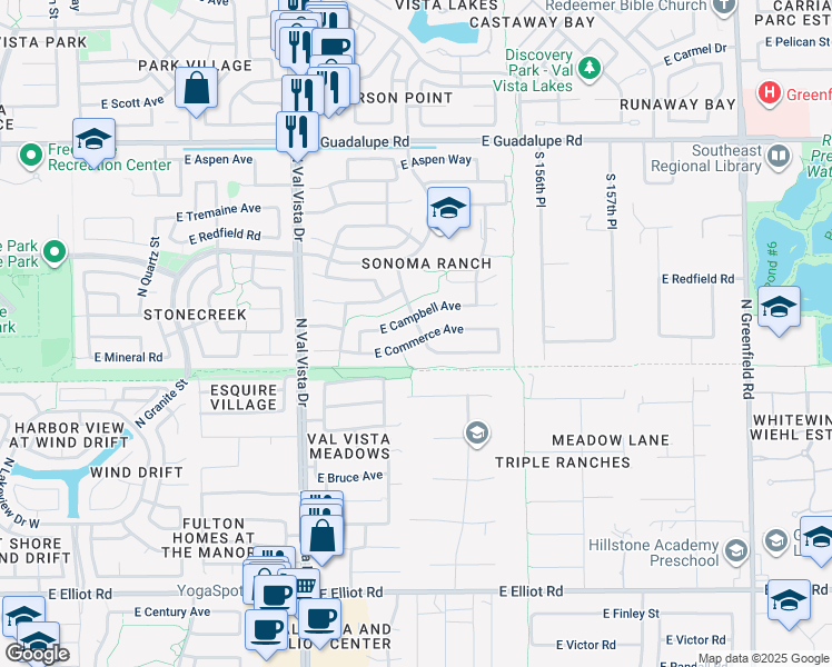 map of restaurants, bars, coffee shops, grocery stores, and more near 1762 East Commerce Avenue in Gilbert