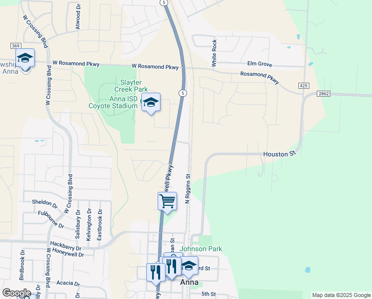 map of restaurants, bars, coffee shops, grocery stores, and more near 1109 North Riggins Street in Anna