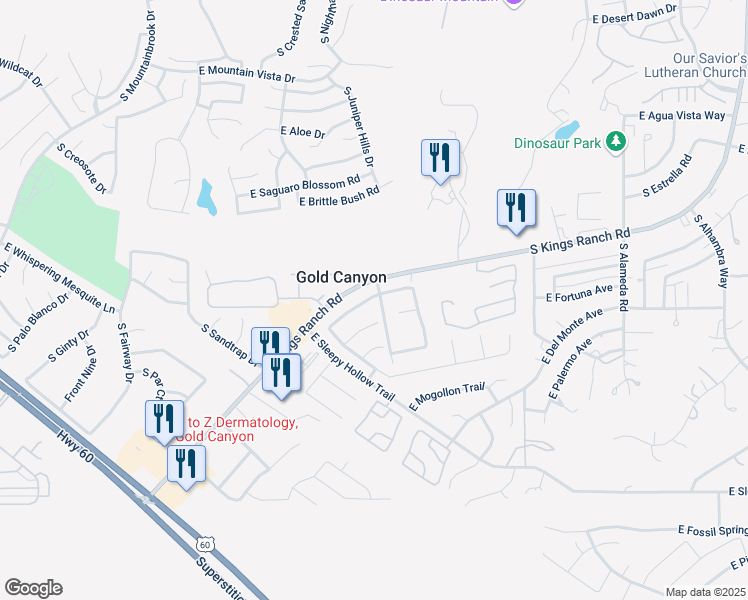 map of restaurants, bars, coffee shops, grocery stores, and more near 8995 East Avenida Las Noches in Gold Canyon