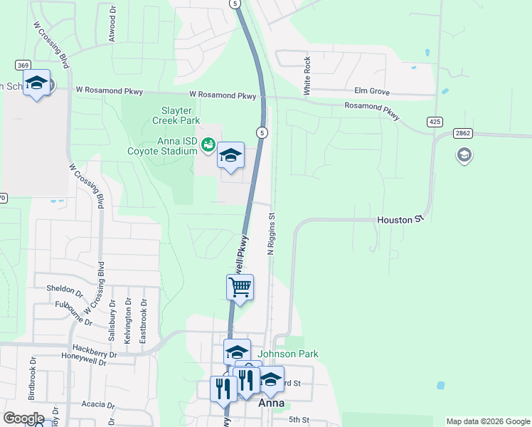 map of restaurants, bars, coffee shops, grocery stores, and more near 1109 North Riggins Street in Anna