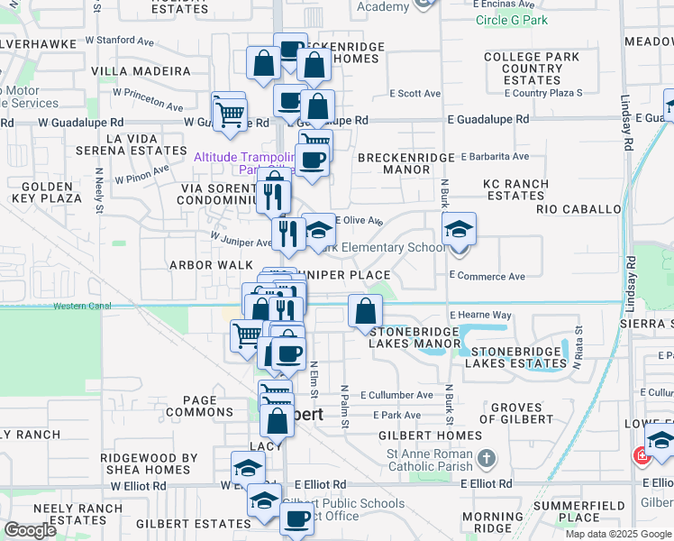 map of restaurants, bars, coffee shops, grocery stores, and more near 434 North Shaylee Lane in Gilbert