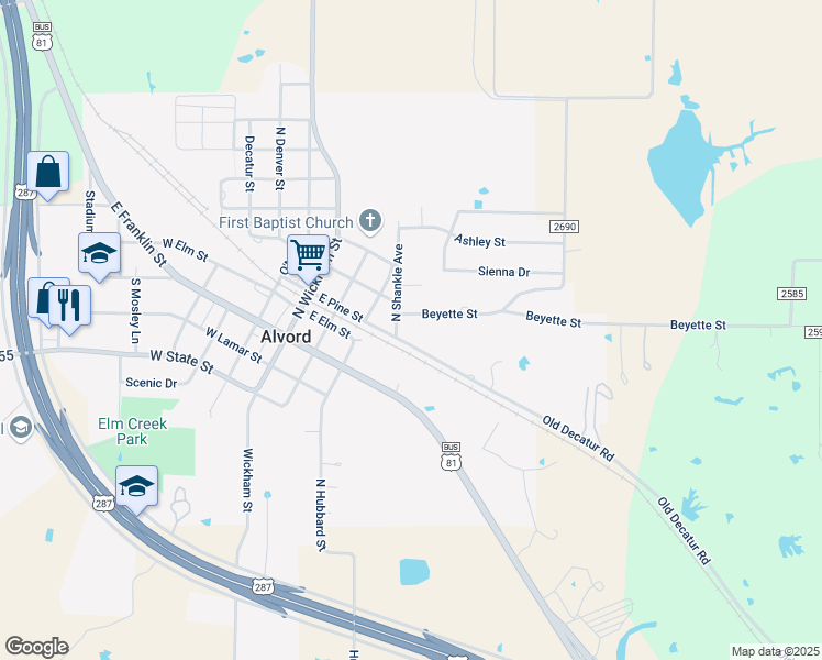 map of restaurants, bars, coffee shops, grocery stores, and more near 210 North Shankle Avenue in Alvord