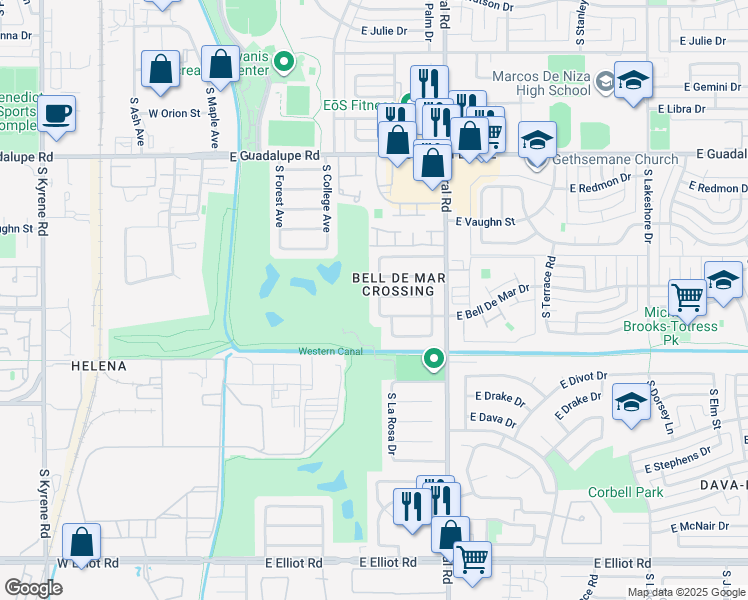 map of restaurants, bars, coffee shops, grocery stores, and more near 6726 South La Rosa Drive in Tempe