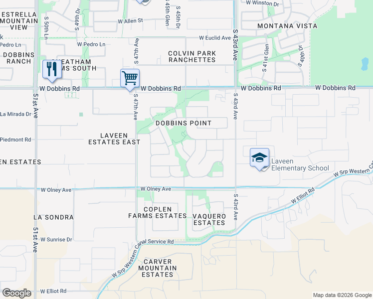 map of restaurants, bars, coffee shops, grocery stores, and more near 9719 South 45th Avenue in Phoenix