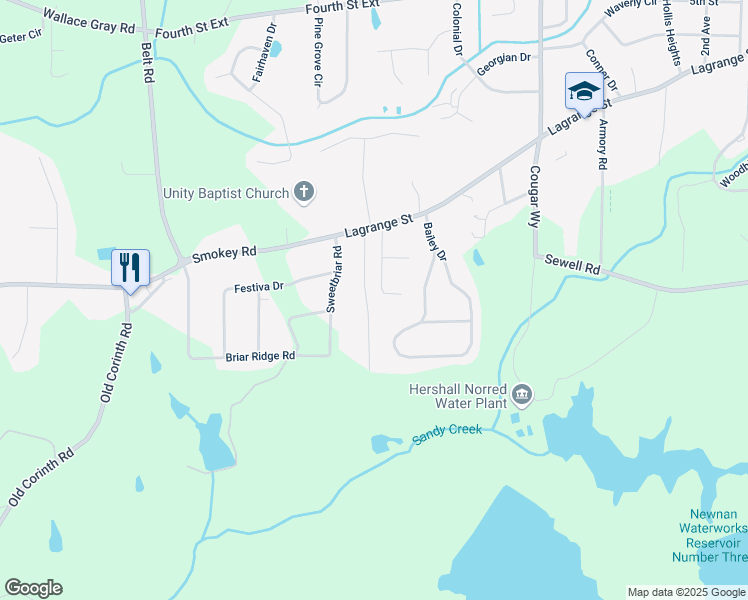 map of restaurants, bars, coffee shops, grocery stores, and more near 65 Autumn Lane in Newnan