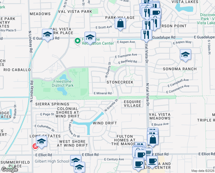 map of restaurants, bars, coffee shops, grocery stores, and more near 425 North Quartz Street in Gilbert