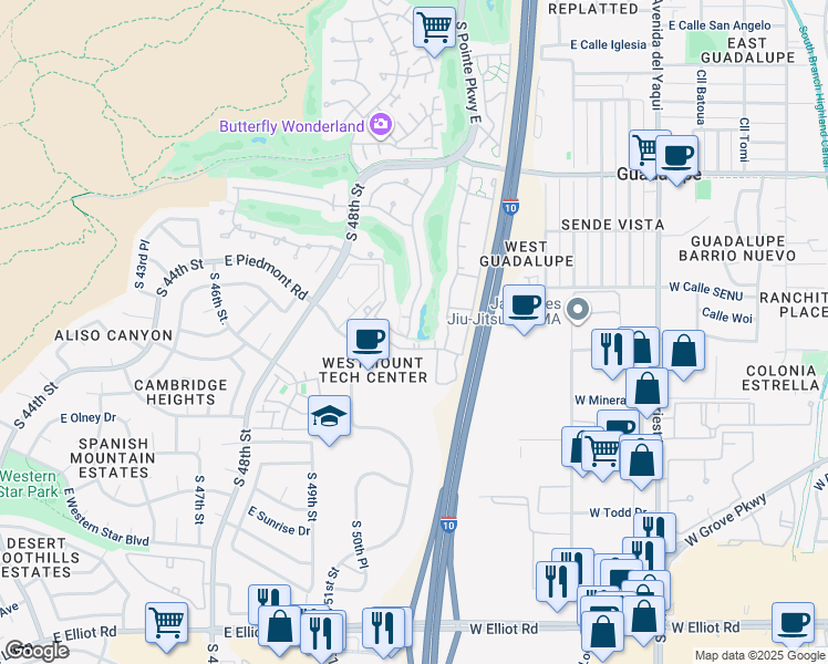 map of restaurants, bars, coffee shops, grocery stores, and more near 9649 South 51st Street in Phoenix