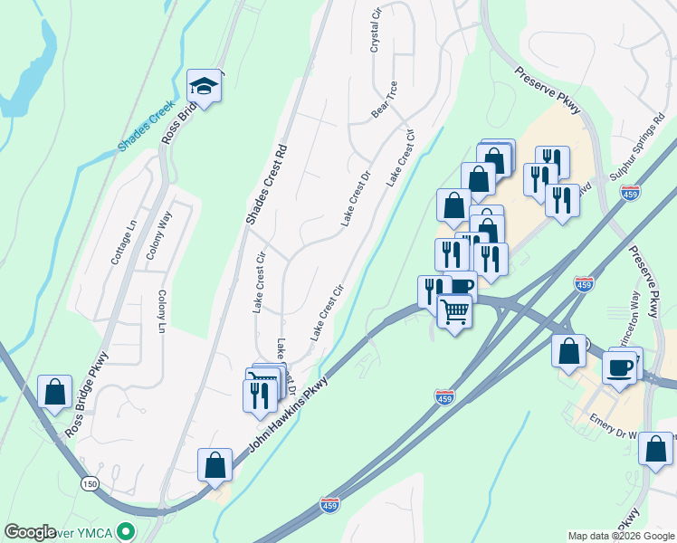 map of restaurants, bars, coffee shops, grocery stores, and more near 5178 Lake Crest Circle in Birmingham