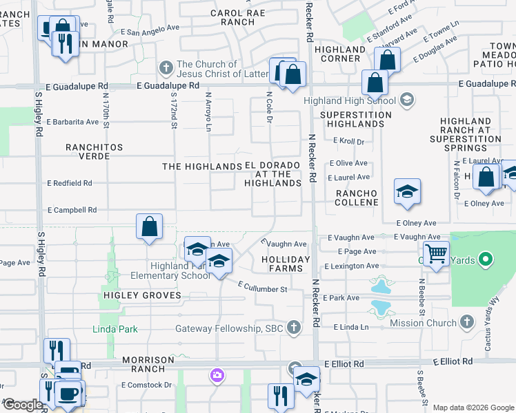 map of restaurants, bars, coffee shops, grocery stores, and more near 3841 East Heather Court in Gilbert